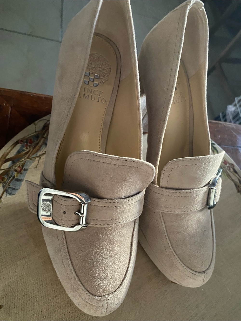 Vince Camuto Taupe Suede Buckle Loafers